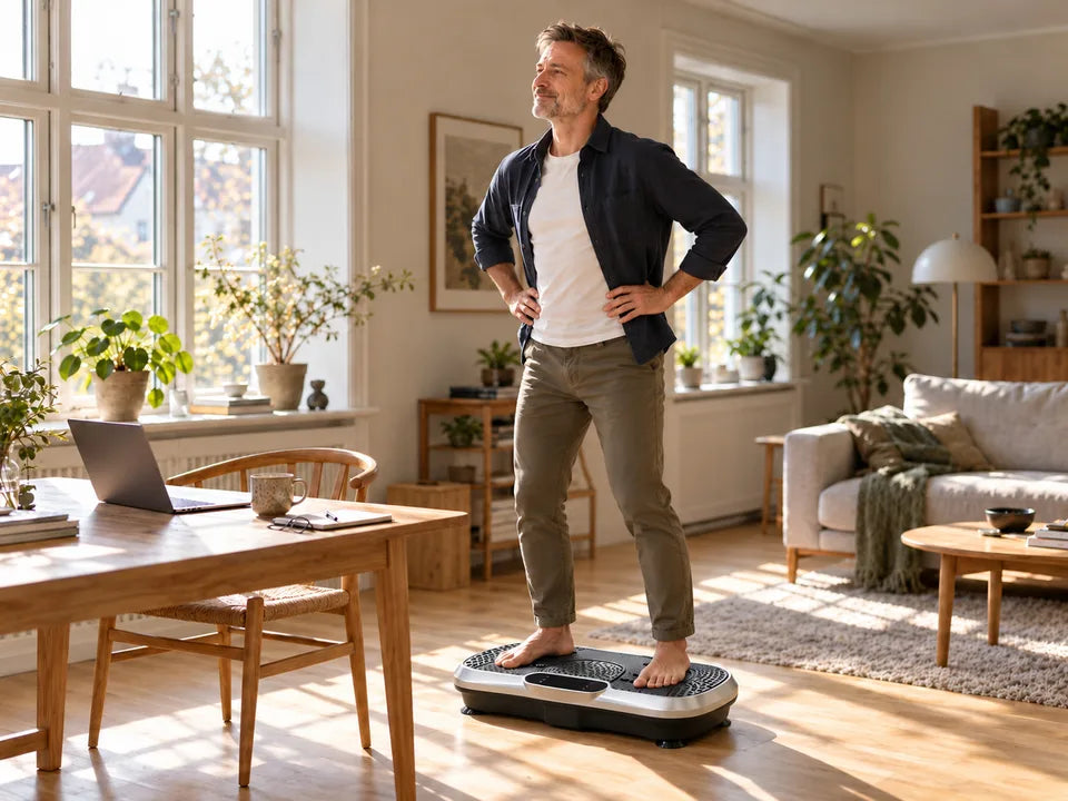 Mand holder en pause fra sin computer i en skandinavisk stue